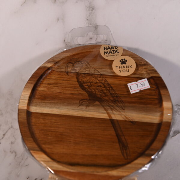 Uniek houten dienblad rond met papegaai gravure | Optioneel met 2 amberblokjes & rasp
